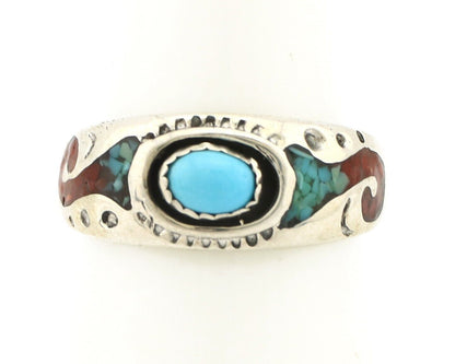 Navajo Handmade Ring 925 Silver Blue Turquoise & Coral Native American C.80's