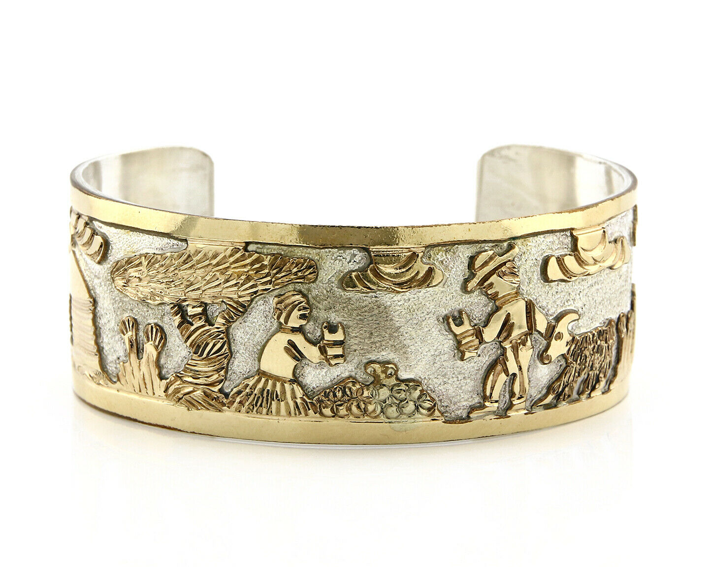 Navajo Bracelet Pictograph Landscape SOLID .925 Silver & 12K GF Artist Signed B