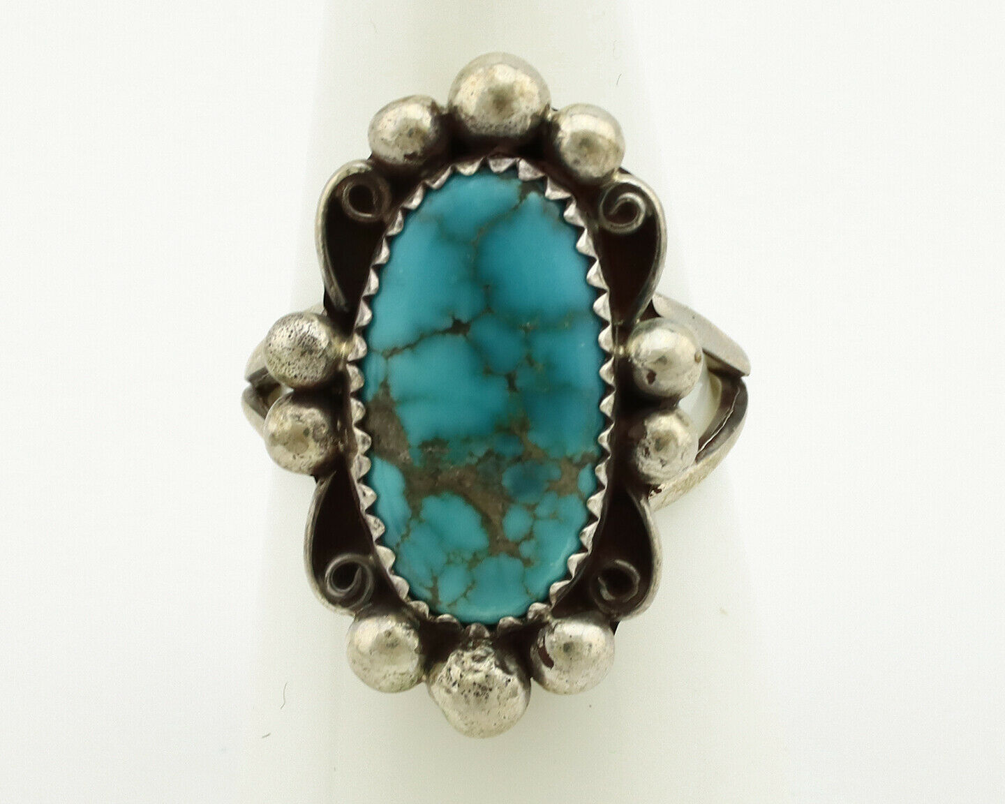 Navajo Ring .925 Silver Blue Spiderweb Turquoise Artist Signed Talhat C.90's