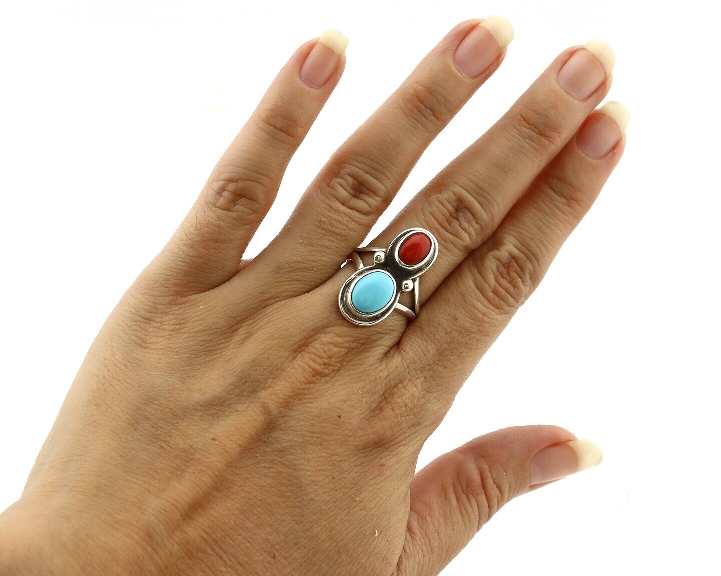 Navajo Handmade Ring 925 Silver Coral & Turquoise Native American Artist C.80's