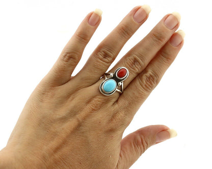 Navajo Handmade Ring 925 Silver Coral & Turquoise Native American Artist C.80's