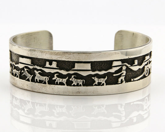 Navajo Bracelet .925 SOLID Silver Artist Signed BB Handmade Overlay C.80-90's