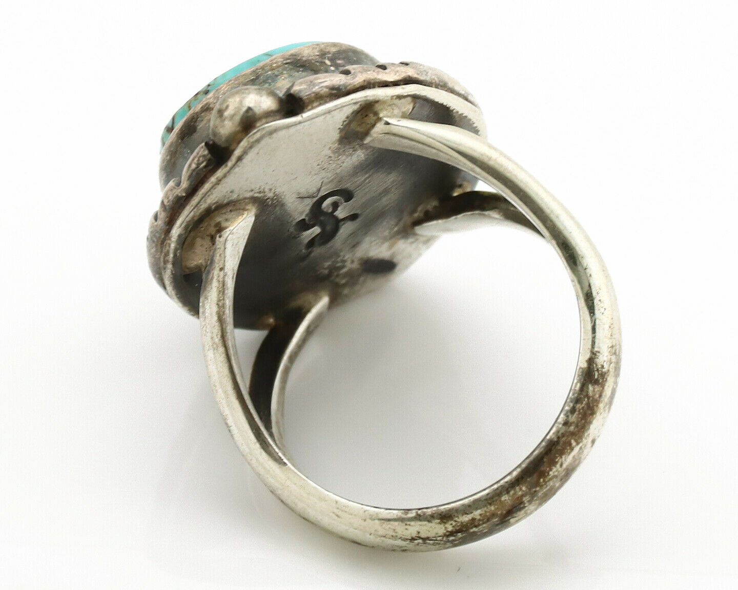Navajo Ring .925 Silver Kingman Turquoise Artist Signed Gecko C.1980's