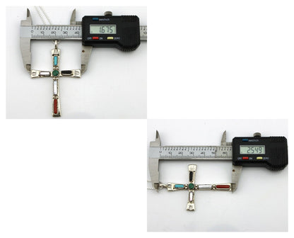 Zuni Handmade Cross Necklace 925 Silver Natural Gemstone Signed C. IULE C.80's