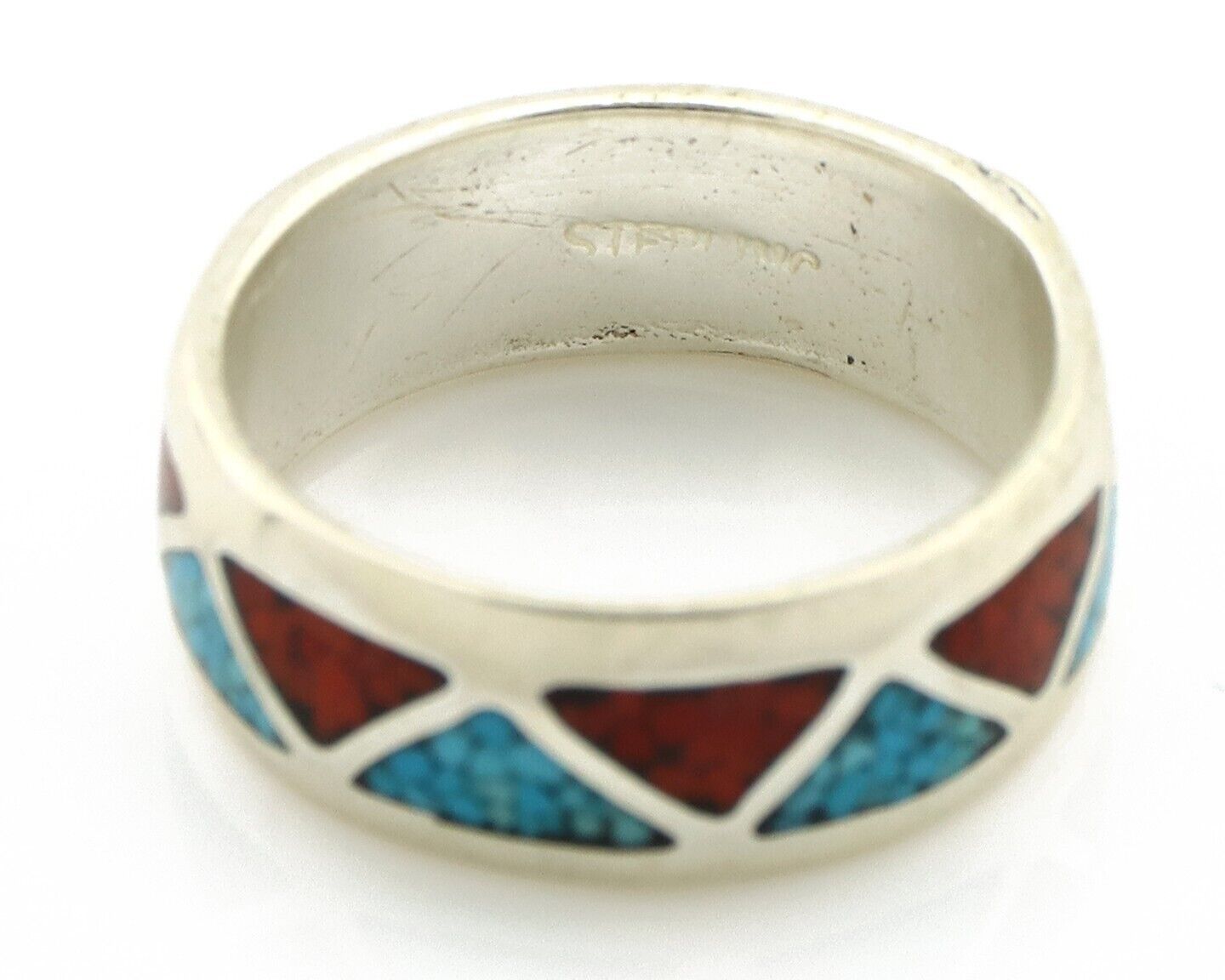 Navajo Chip Inlay Ring 925 Silver Sleeping Beauty Turquoise & Coral Silver Cloud