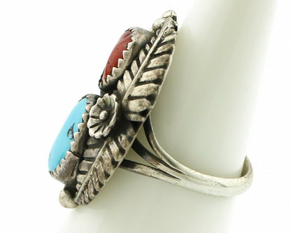 Navajo Ring .925 Silver Turquoise & Coral Artist Signed Thomas Singer C.80's