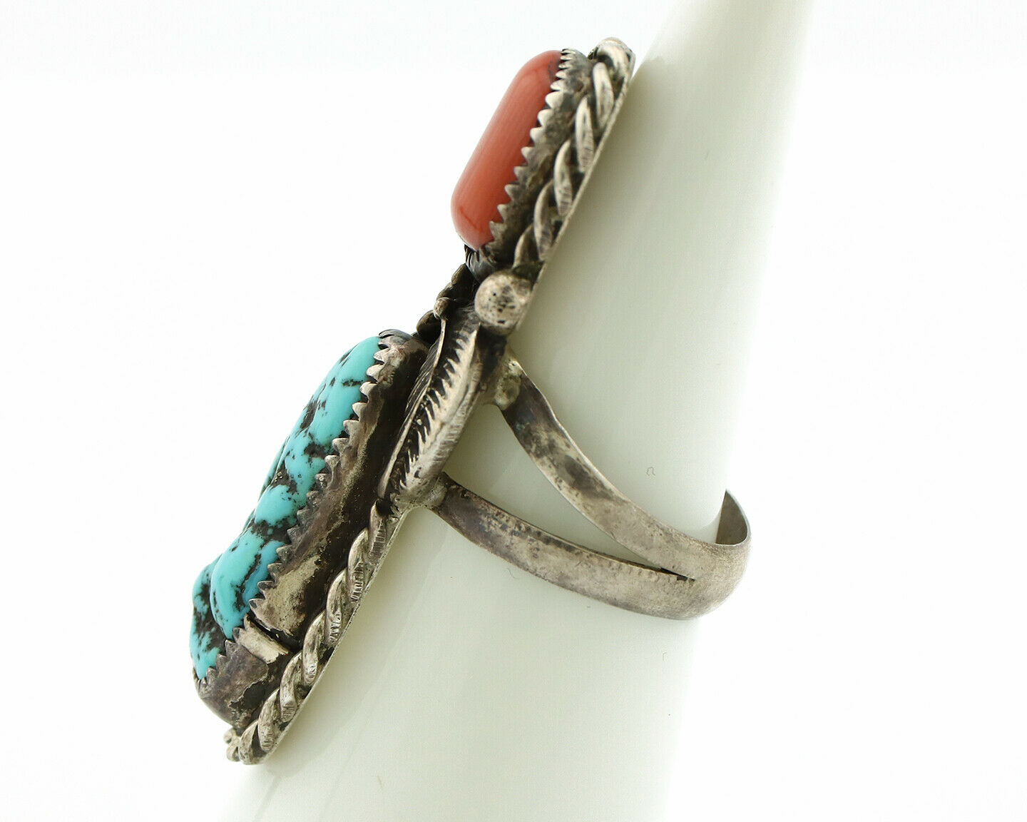 Navajo Ring .925 Silver Turquoise & Coral Native American Artist C.1980's