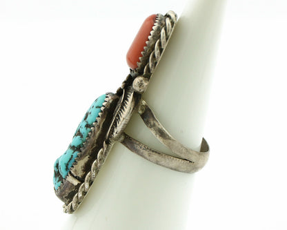 Navajo Ring .925 Silver Turquoise & Coral Native American Artist C.1980's
