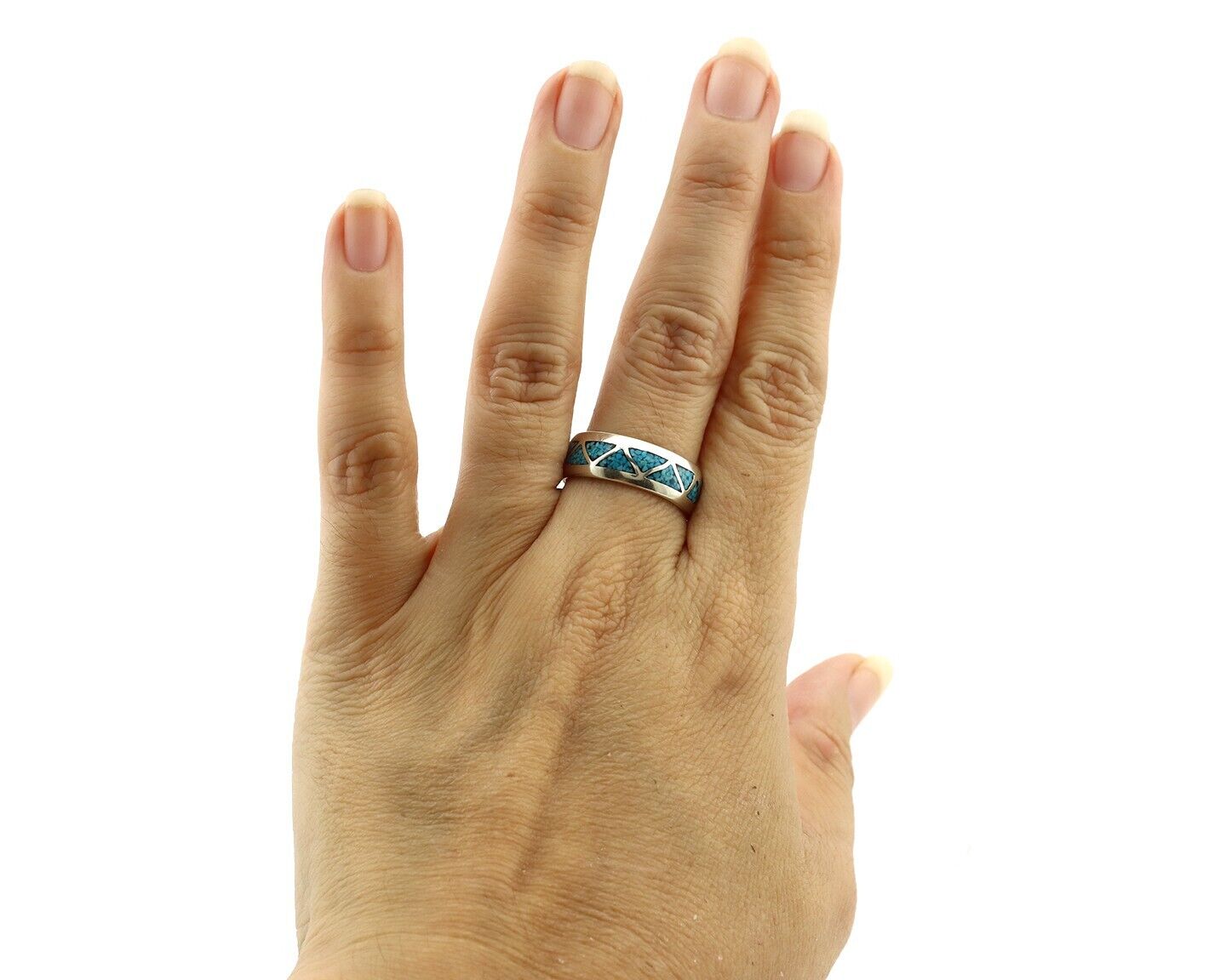 Navajo Chip Inlay Ring 925 Silver Sleeping Beauty Turquoise Artist Silver Cloud