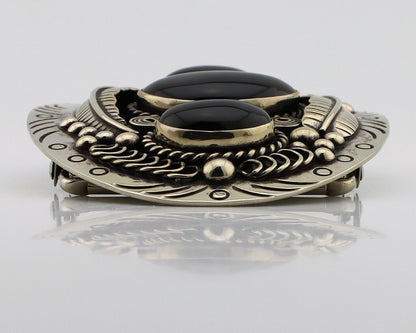 Men Navajo Belt Buckle .999 Nickel Onyx Artist Signed Teepee Handmade C.1980's