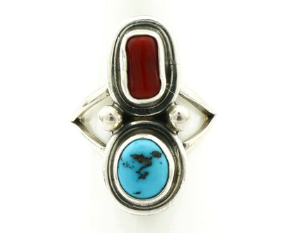 Navajo Ring .925 Silver Red Coral & Blue Turquoise Native Artist C.80's