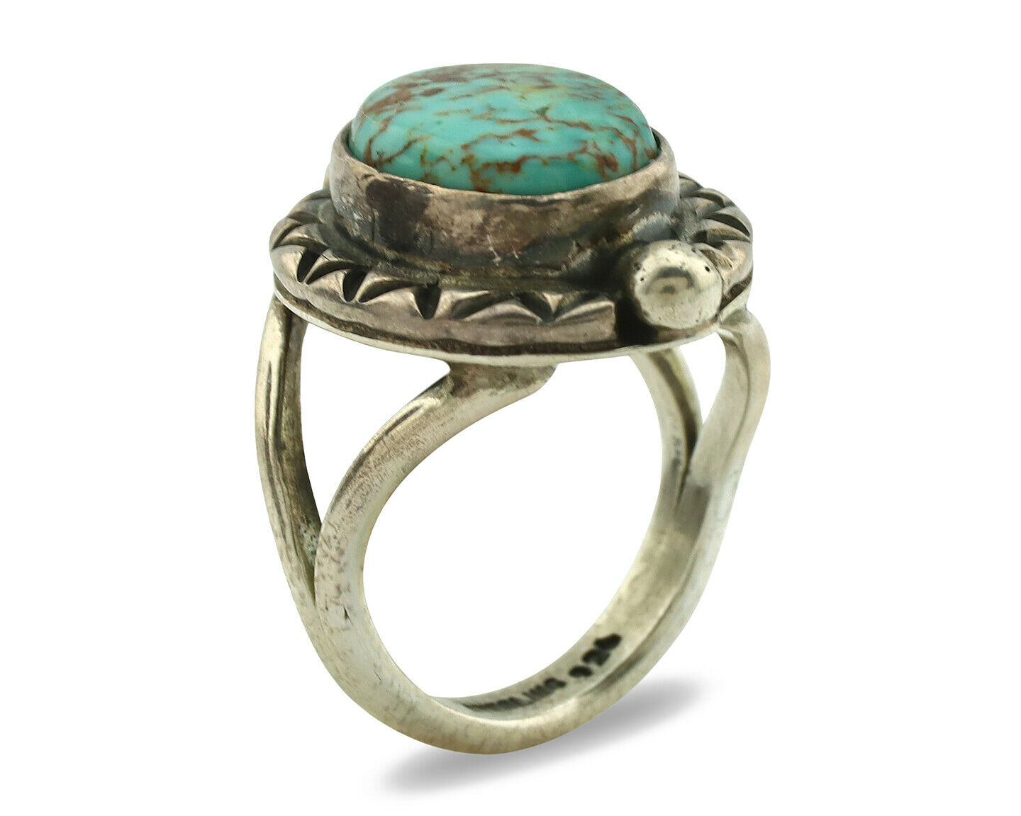 Navajo Ring .925 Silver Kingman Turquoise Artist Signed Gecko C.1980's