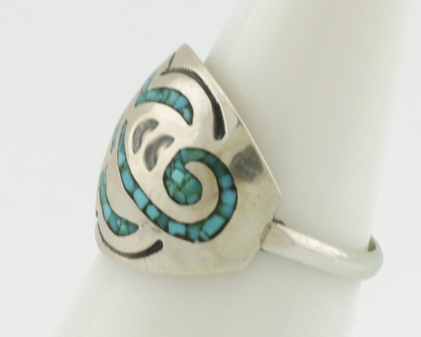 Navajo Ring 925 Silver Chip Inlay Turquoise Artist Signed Thomas Singer C.80's