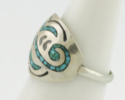 Navajo Ring 925 Silver Chip Inlay Turquoise Artist Signed Thomas Singer C.80's