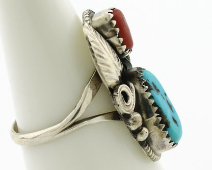 Navajo Ring .925 Silver Turquoise & Coral Artist Signed J Morris C.80's