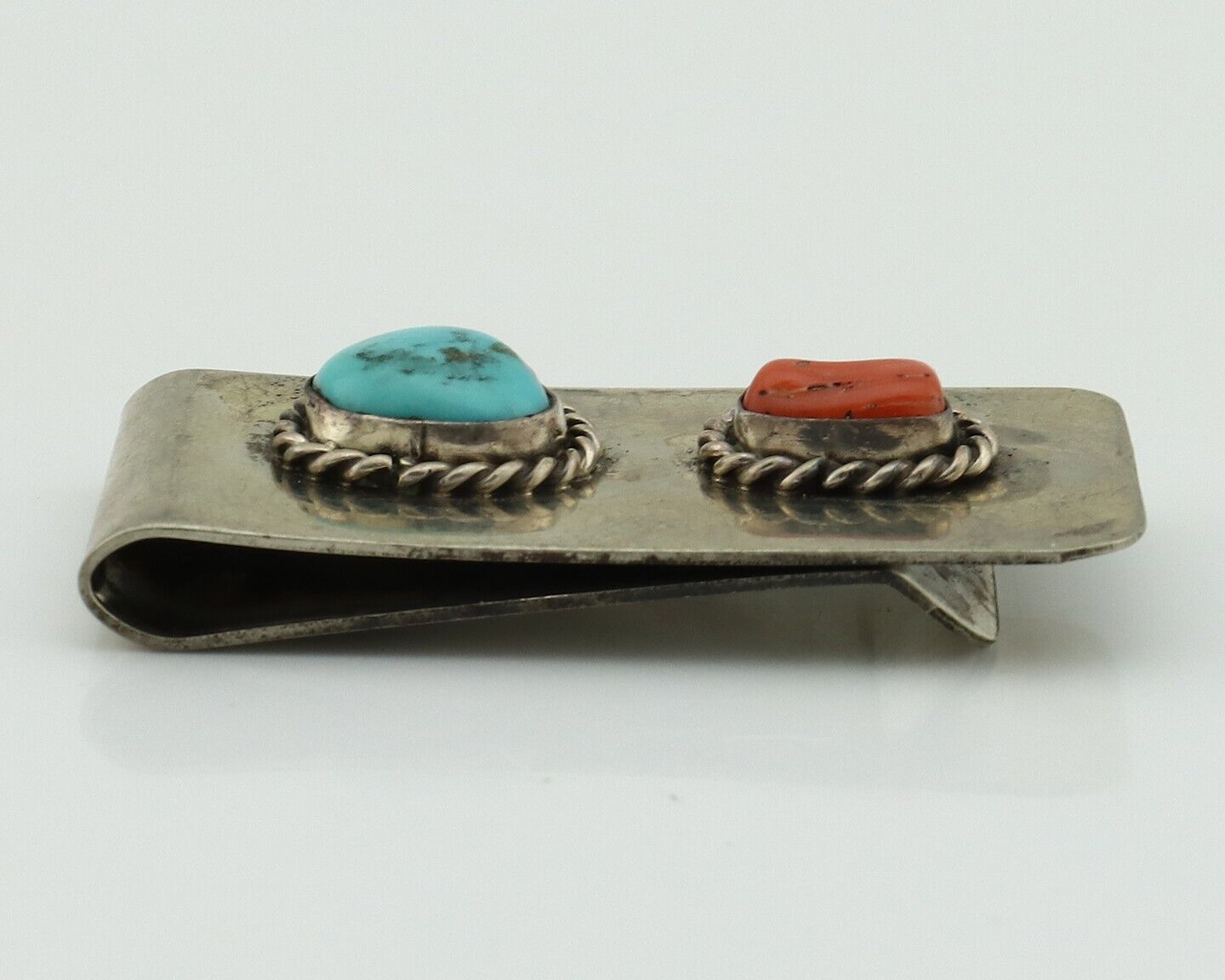 Navajo Money Clip 925 Silver & 999 Nickel Natural Turquoise & Coral Artist C80