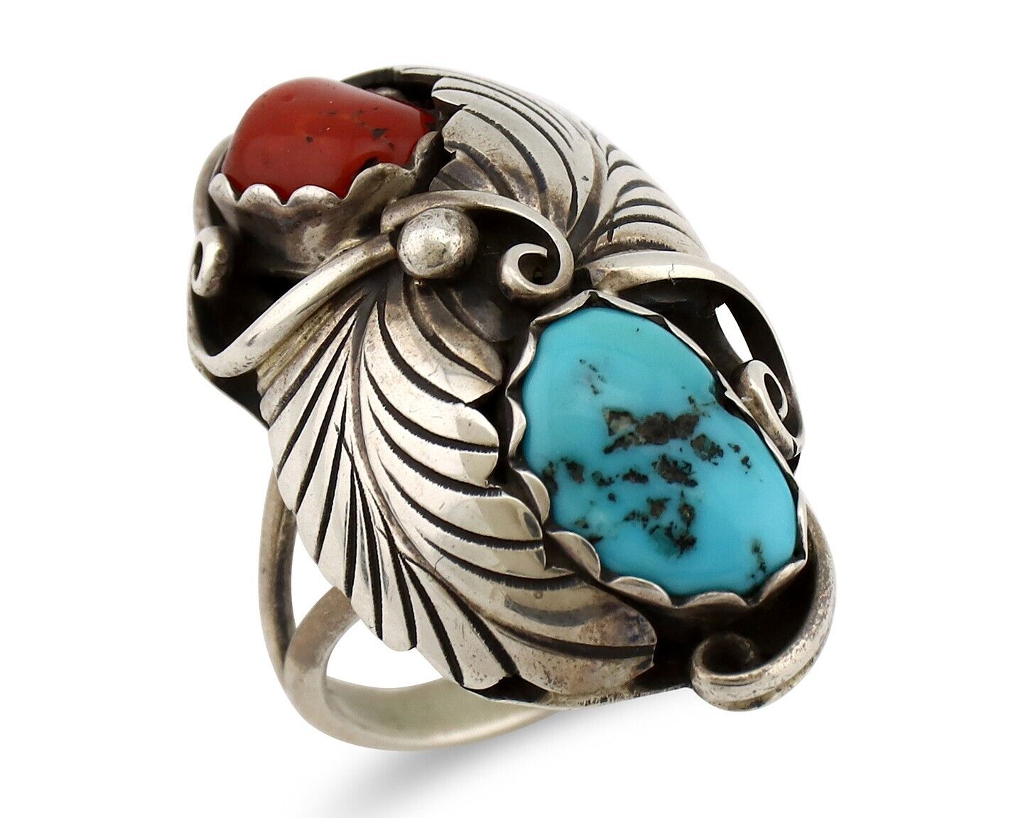 Navajo Handmade Ring 925 Silver Turquiose & Coral Artist Signed E C.80's