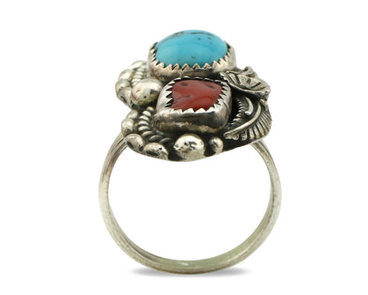 Navajo Ring .925 Silver Turquoise & Coral Artist Signed Thomas Singer C.80's