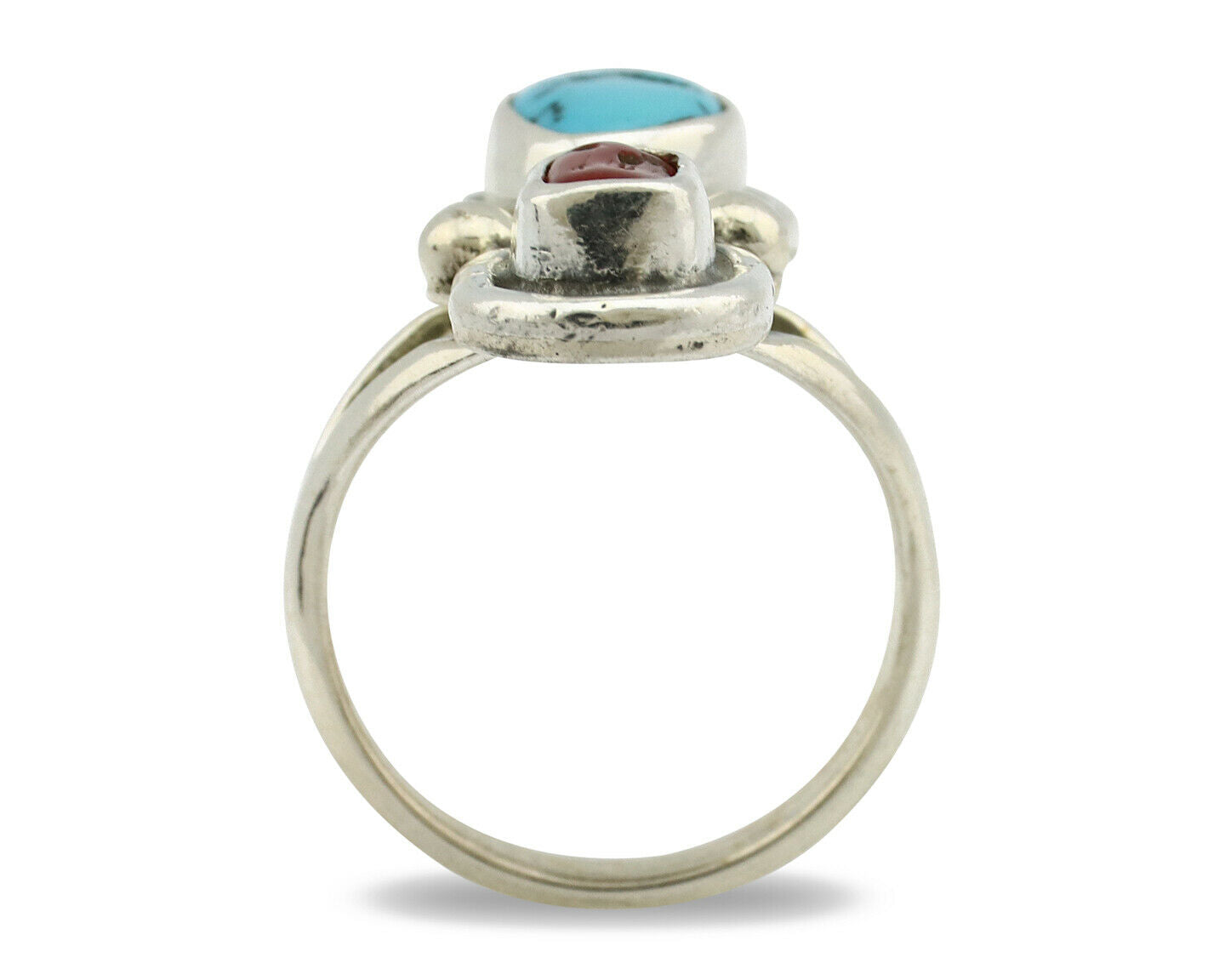 Navajo Ring .925 Silver Red Coral & Blue Turquoise Native Artist C.80's