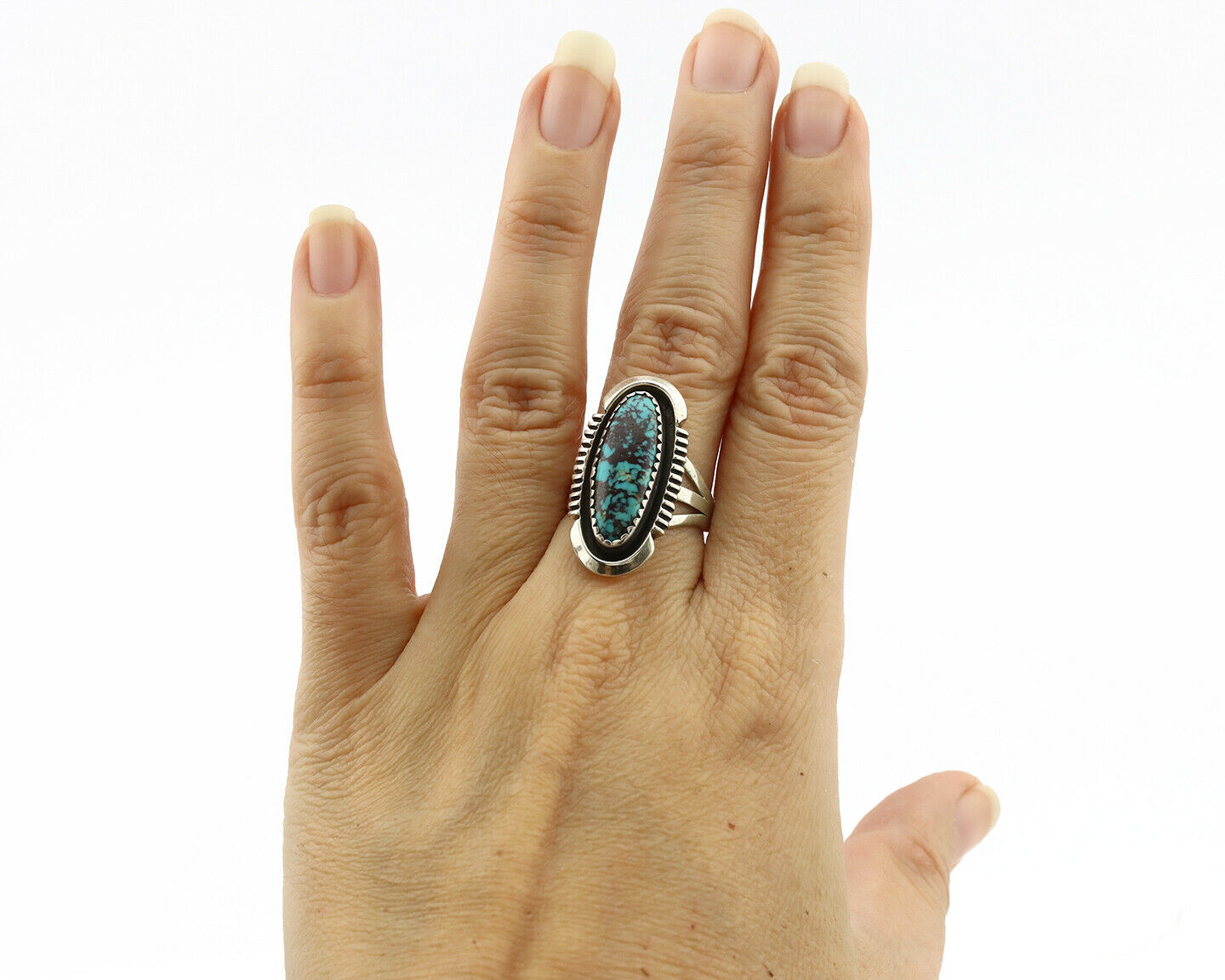 Navajo Ring .925 Silver Spiderweb Turquoise Artist Signed B C.1980's