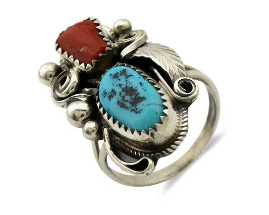 Navajo Ring .925 Silver Turquoise & Coral Artist Signed J Morris C.80's