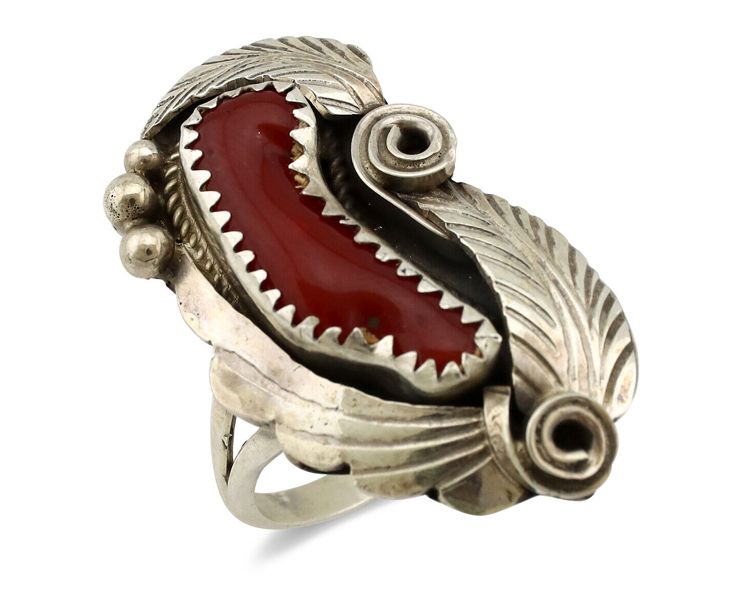 Navajo Ring 925 Silver Mediterranean Coral Artist Signed Justin Morris C.80's