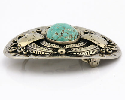 Navajo Belt Buckle .999 Nickle Silver Morenci Turquoise Native Artist C.80's
