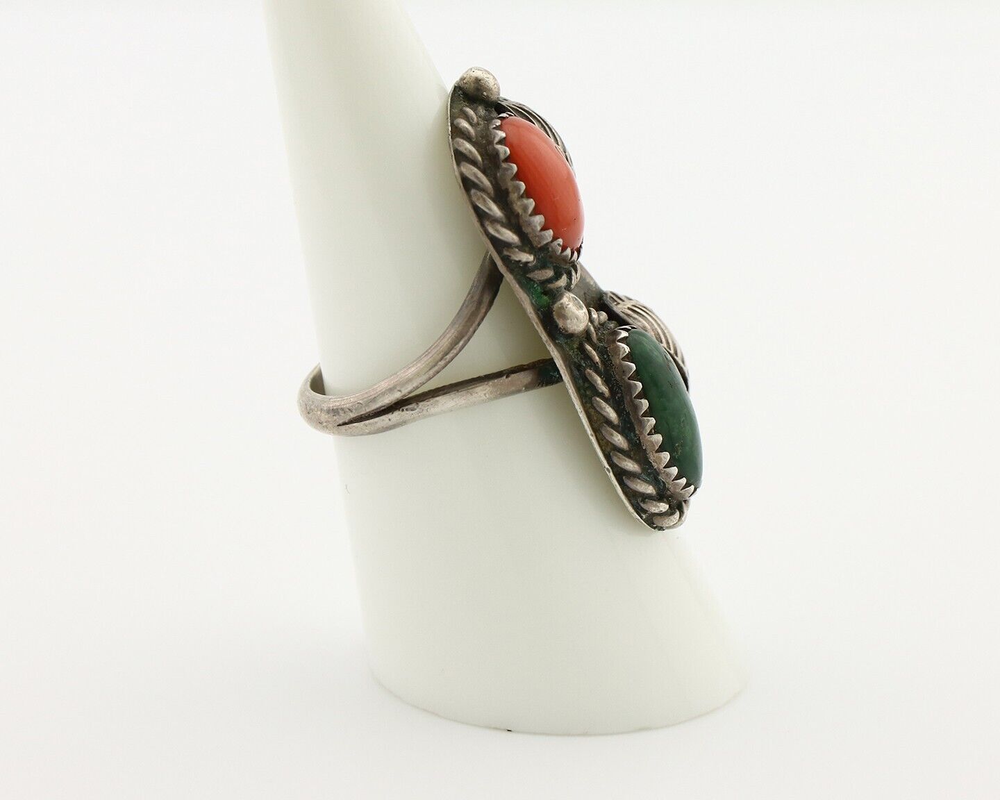 Navajo Ring 925 Silver Green Turquiose & Mediterranean Coral Native Artist C80s