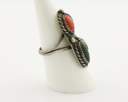 Navajo Ring 925 Silver Green Turquiose & Mediterranean Coral Native Artist C80s
