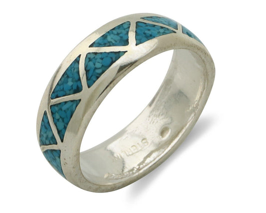Navajo Chip Inlay Ring 925 Silver Sleeping Beauty Turquoise Artist Silver Cloud