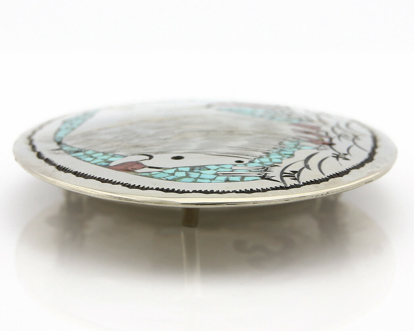 Navajo Belt Buckle .999 Nickle Silver Turquoise Coral Signed SD C.80's