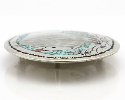 Navajo Belt Buckle .999 Nickle Silver Turquoise Coral Signed SD C.80's