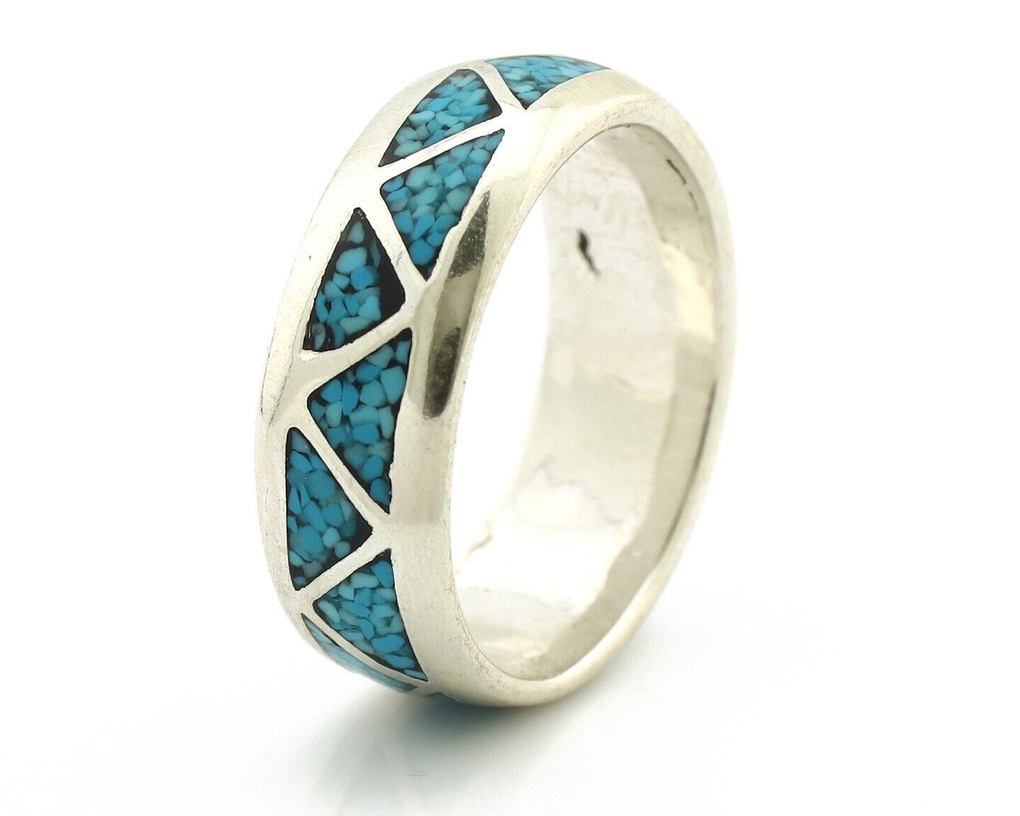 Navajo Chip Inlay Ring 925 Silver Sleeping Beauty Turquoise Artist Silver Cloud