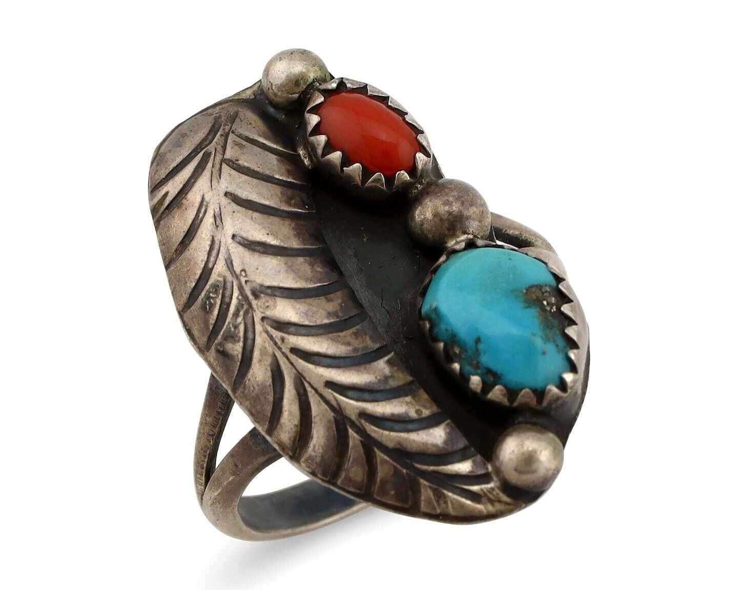 Navajo Handmade Ring 925 Silver Turquiose & Coral Artist Signed Moore C.80's