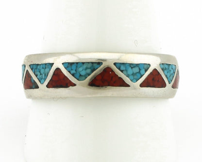Navajo Ring 925 Silver Natural Turquoise & Coral Native American Artist C.80's