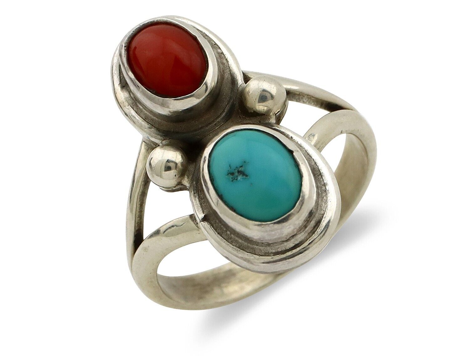 Navajo Handmade Ring 925 Silver Coral & Turquoise Native American Artist C.80's