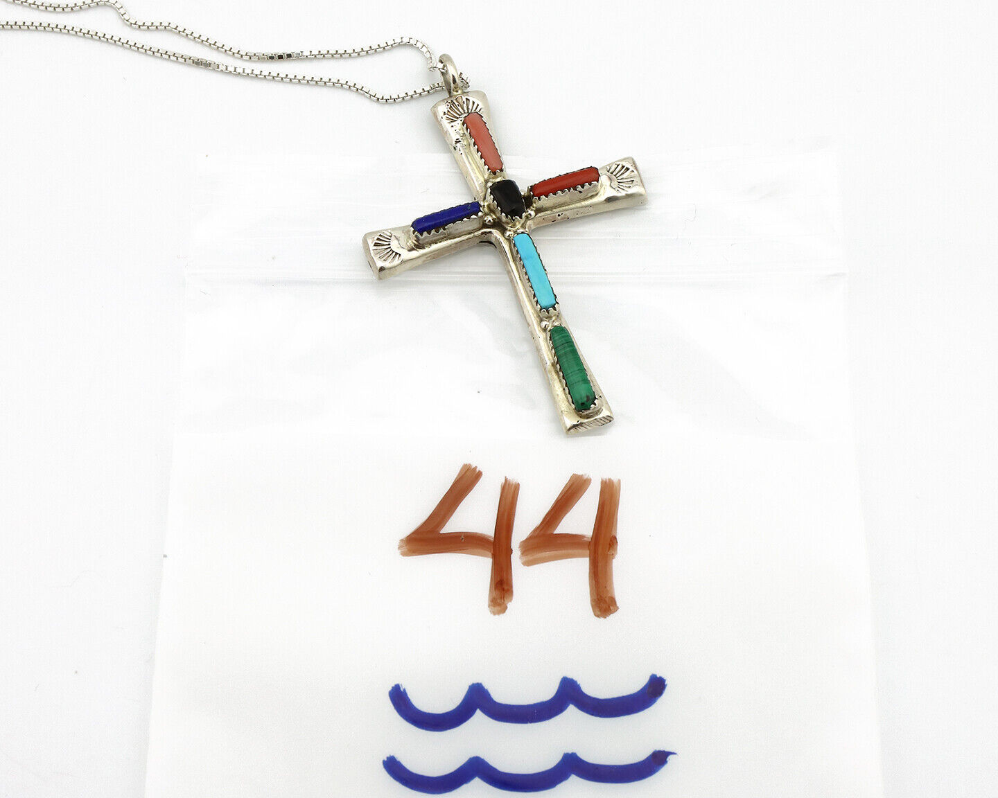 Zuni Handmade Cross Necklace 925 Silver Natural Gemstone Signed L. IULE C.80's