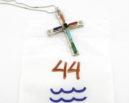 Zuni Handmade Cross Necklace 925 Silver Natural Gemstone Signed L. IULE C.80's