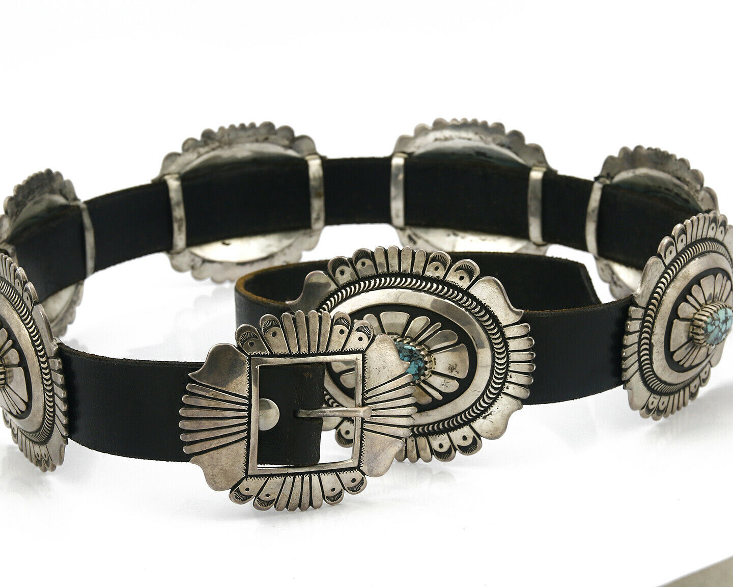 Large Navajo Signed Thomas Singer Belt .925 Silver Lone Mtn Turquoise C.1980's