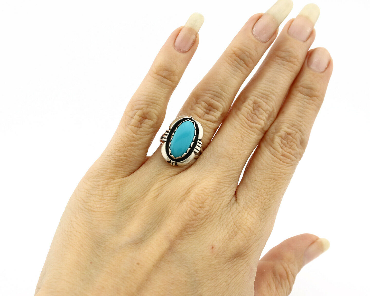 Navajo Ring .925 Silver Kingman Turquoise Handmade Native American Artist C80s