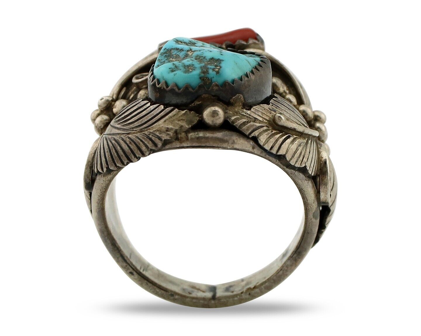 Navajo Ring 925 Silver Blue Turquiose & Mediterranean Coral Native Artist C.80's
