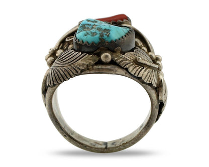 Navajo Ring 925 Silver Blue Turquiose & Mediterranean Coral Native Artist C.80's