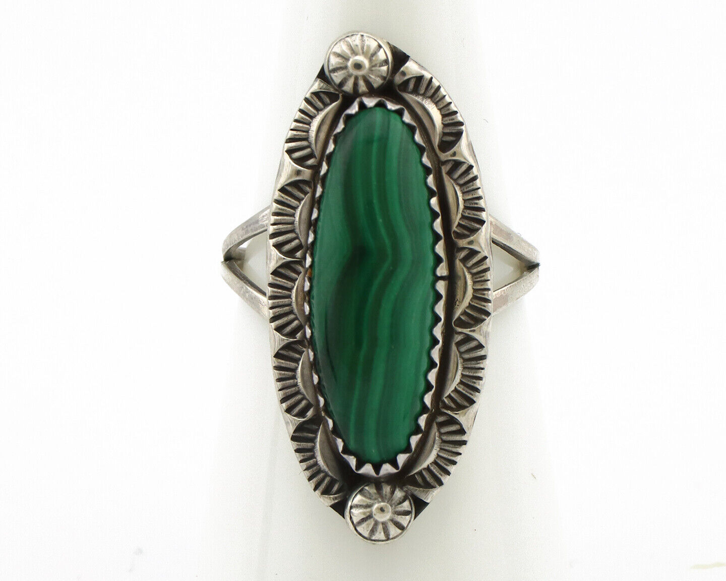 Navajo Ring 925 Silver Natural Malachite Artist Native American Signed H C.80's
