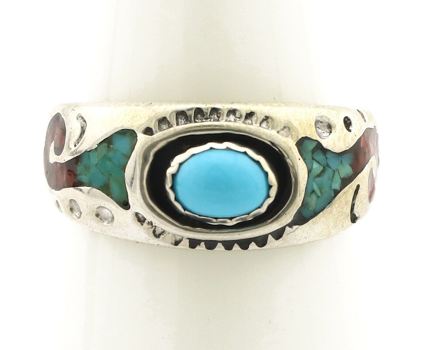 Navajo Handmade Ring 925 Silver Blue Turquoise & Coral Native American C.80's