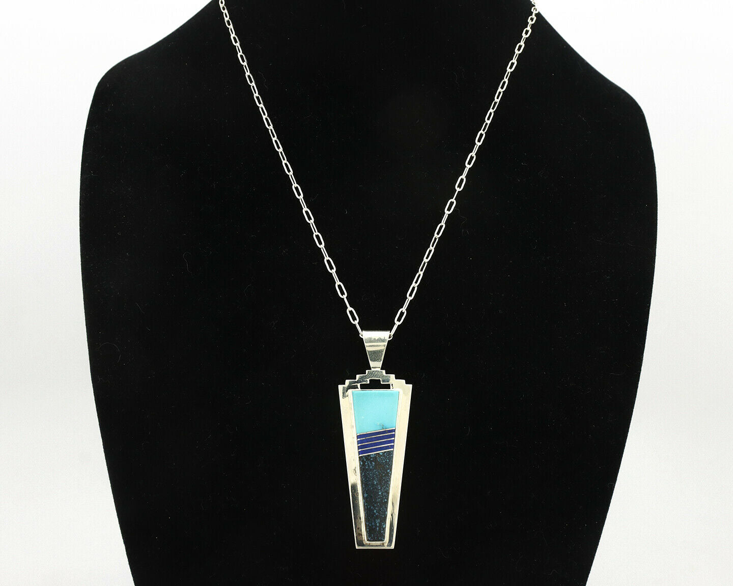 Navajo Necklace .925 Silver Landers Turquoise Signed H+V Thompson C.80's