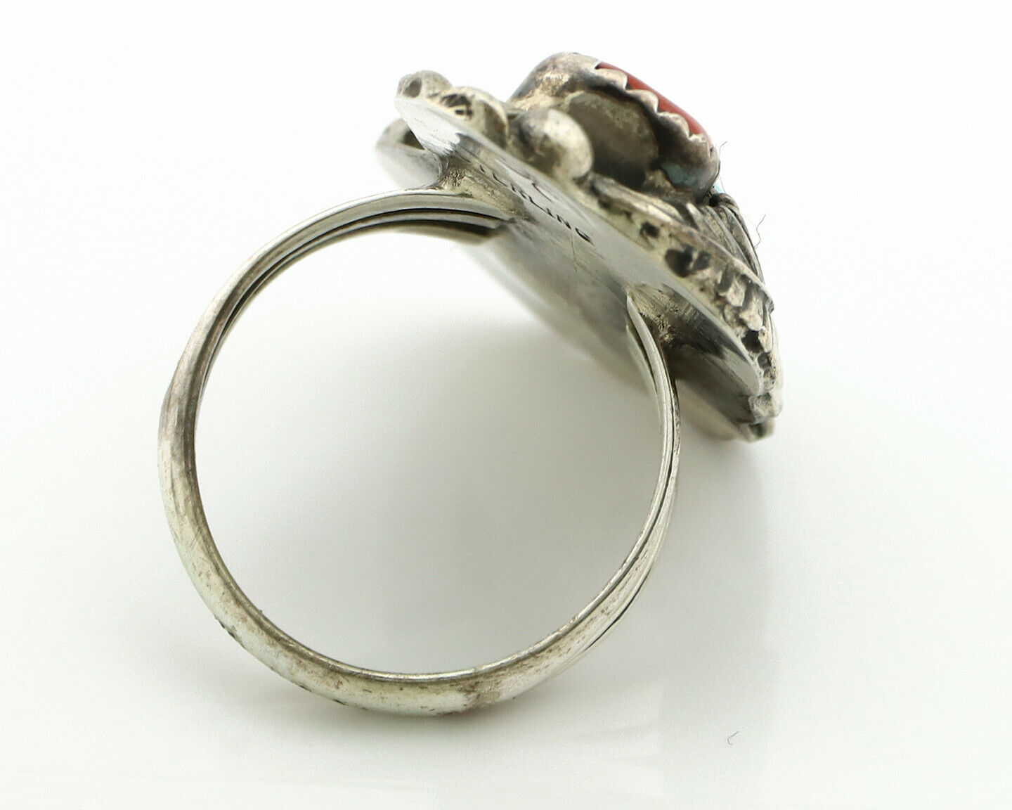 Navajo Ring .925 Silver Turquoise & Coral Artist Signed Thomas Singer C.80's