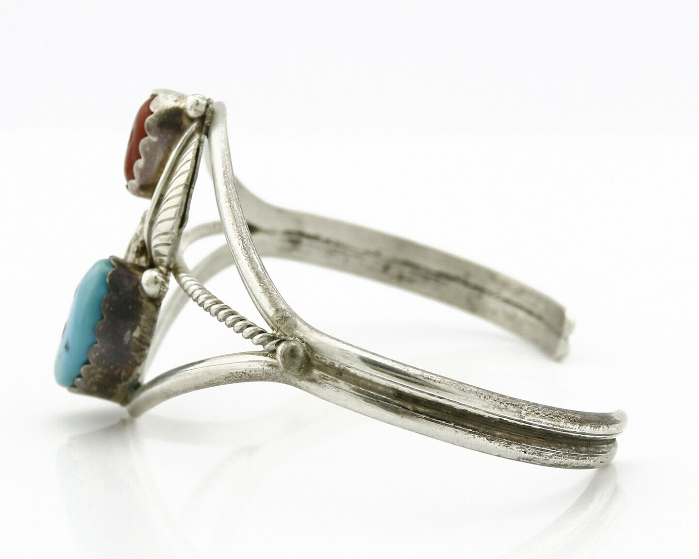 Navajo Bracelet .925 Silver Turquoise & Red Coral Cuff Signed Paul J Circa 1980s