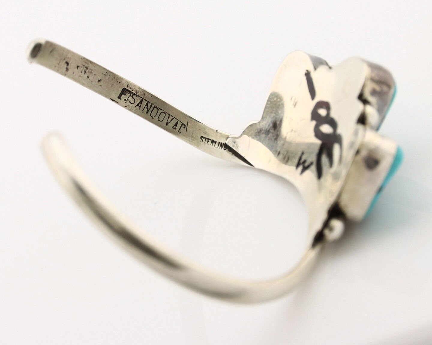 Navajo Bracelet 925 Silver Blue Kingman Turquoise Artist Signed E SANDAVOL C80s