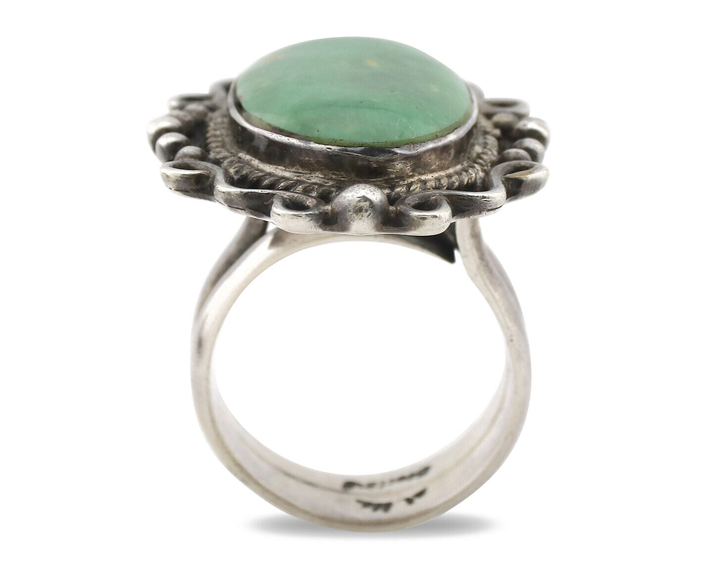 Navajo Ring .925 Silver Green Turquoise Signed By Native C.1980's