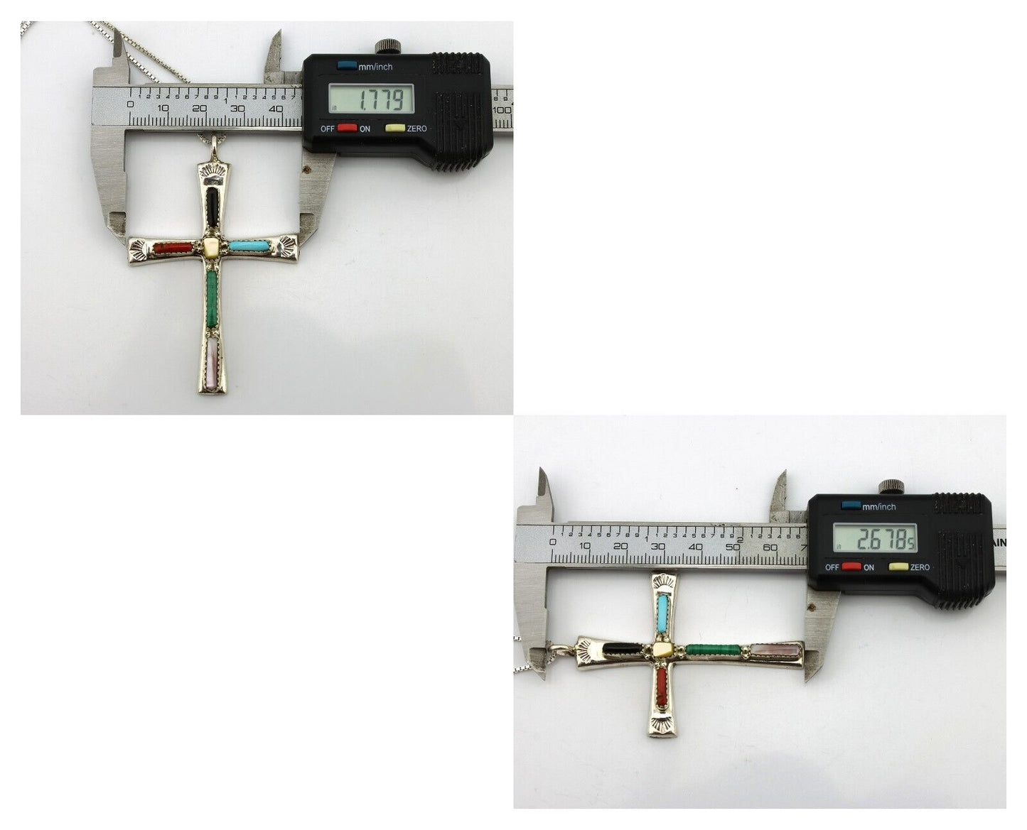 Zuni Handmade Cross Necklace 925 Silver Natural Gemstone Signed L. IULE C.80's